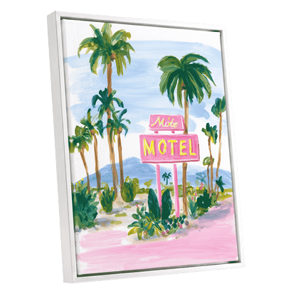 Pink Motel Palms, pink, green, blue nature wall art shown as a white framed canvas wall art