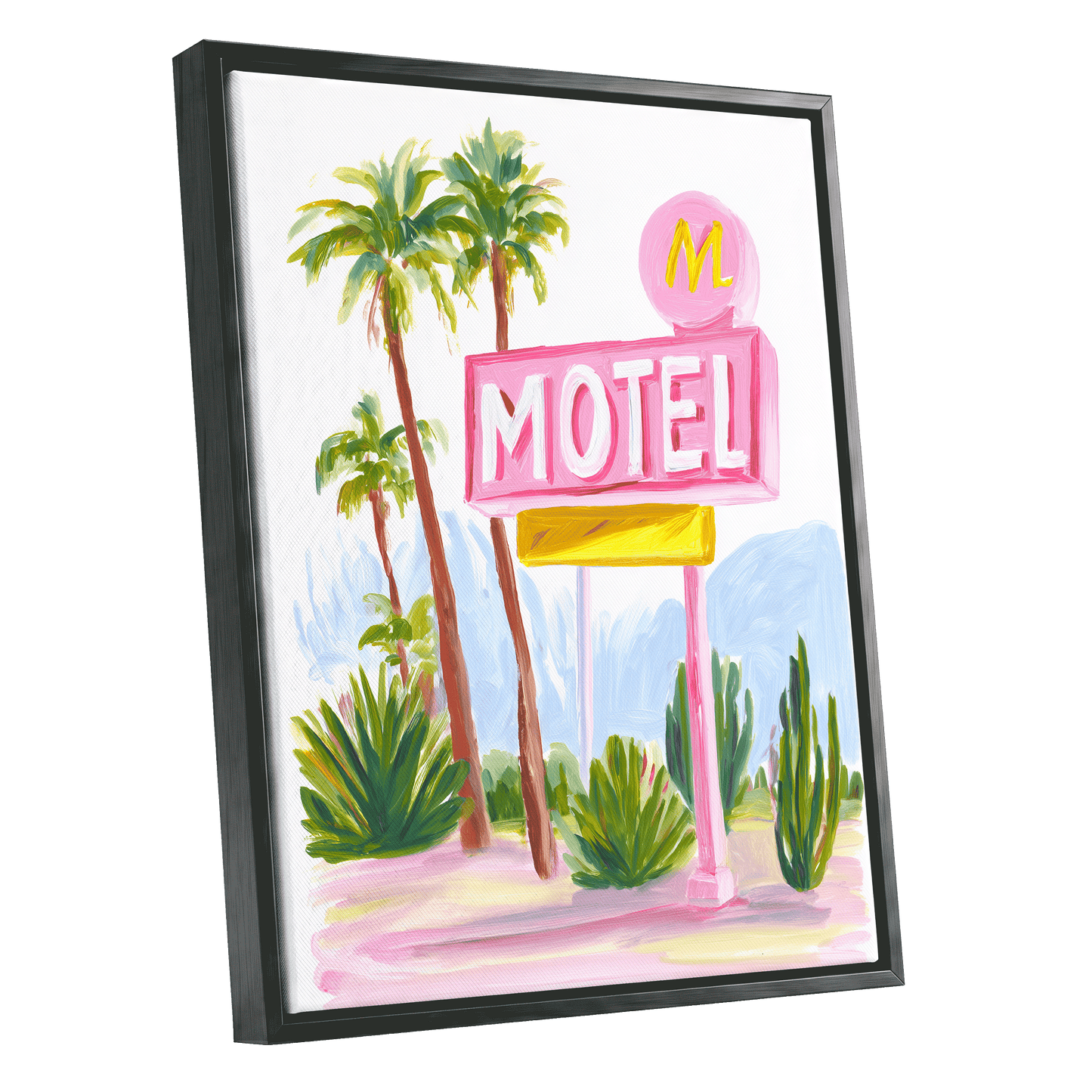 Pink Palm Motel, pink, green, white minimalist wall art shown as a black framed canvas wall art