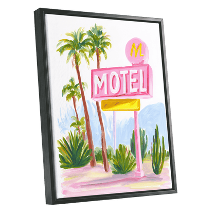 Pink Palm Motel, pink, green, white minimalist wall art shown as a black framed canvas wall art
