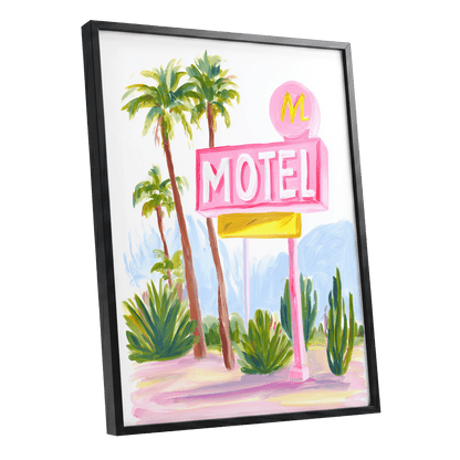 Pink Palm Motel, pink, green, white minimalist wall art shown as a black framed poster wall art print