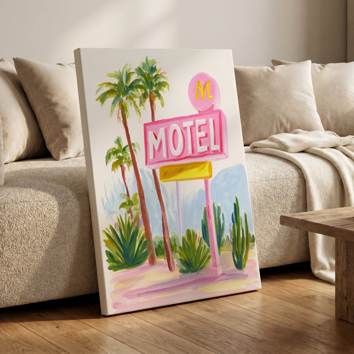 Pink Palm Motel, pink, green, white minimalist wall art on canvas displayed in a styled interior, gallery view 1