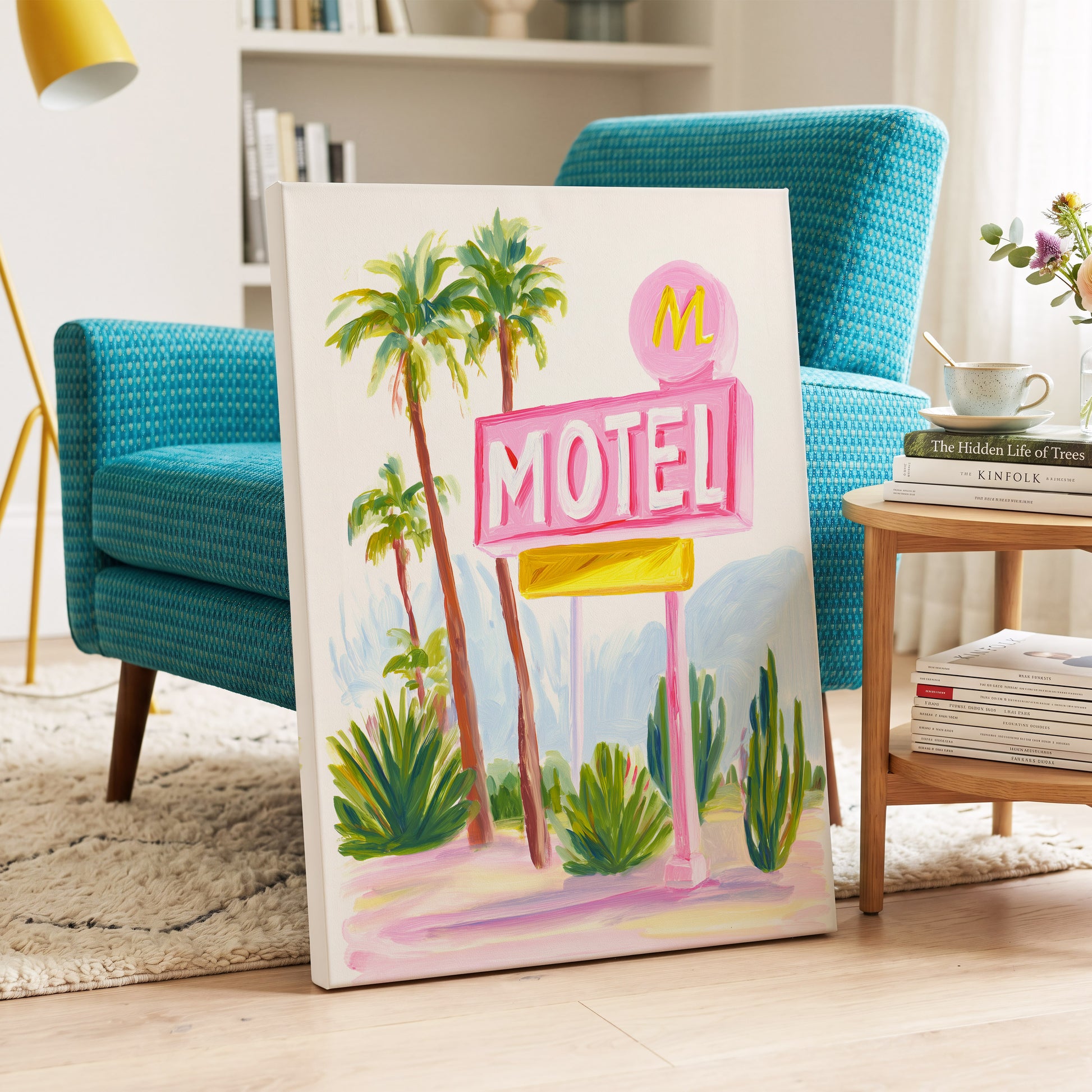 Pink Palm Motel, pink, green, white minimalist wall art on canvas displayed in a styled interior, gallery view 2