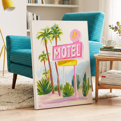 Pink Palm Motel, pink, green, white minimalist wall art on canvas displayed in a styled interior, gallery view 2