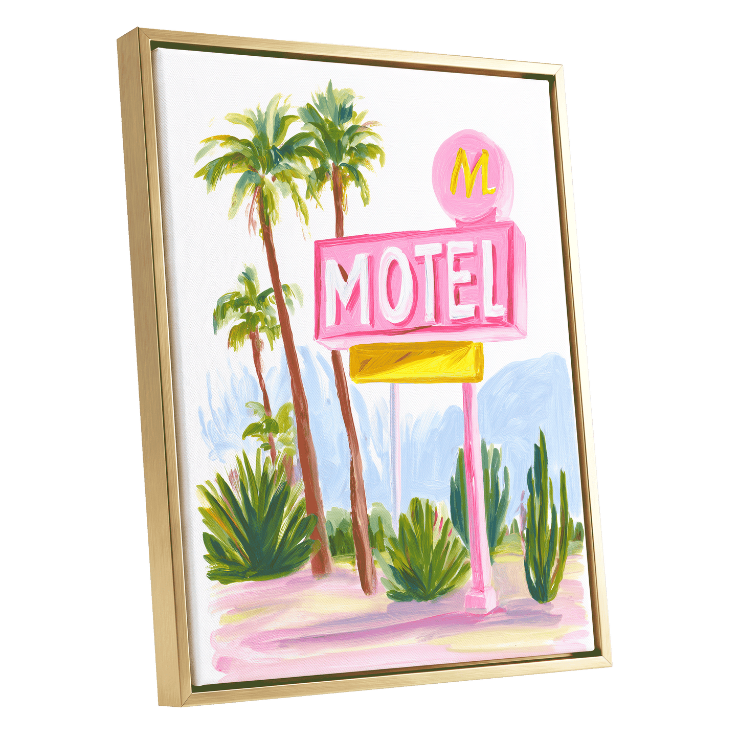 Pink Palm Motel, pink, green, white minimalist wall art shown as a gold framed canvas wall art