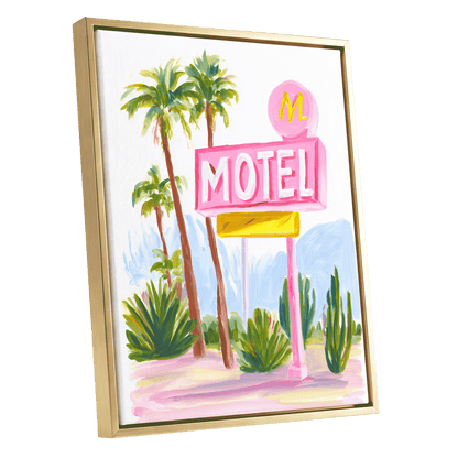 Pink Palm Motel, pink, green, white minimalist wall art shown as a gold framed canvas wall art