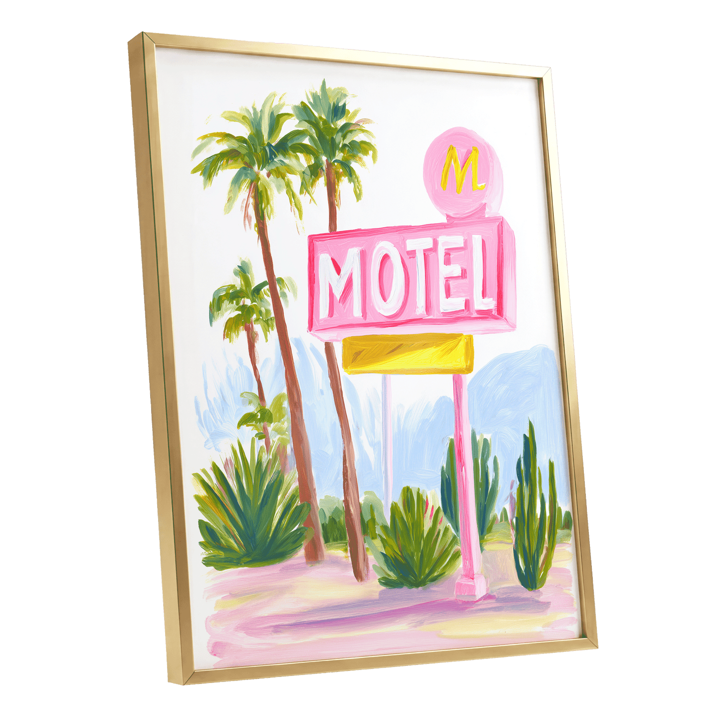 Pink Palm Motel, pink, green, white minimalist wall art shown as a gold framed poster wall art print