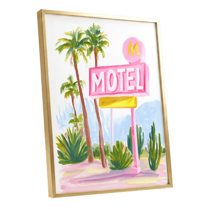 Pink Palm Motel, pink, green, white minimalist wall art shown as a gold framed poster wall art print