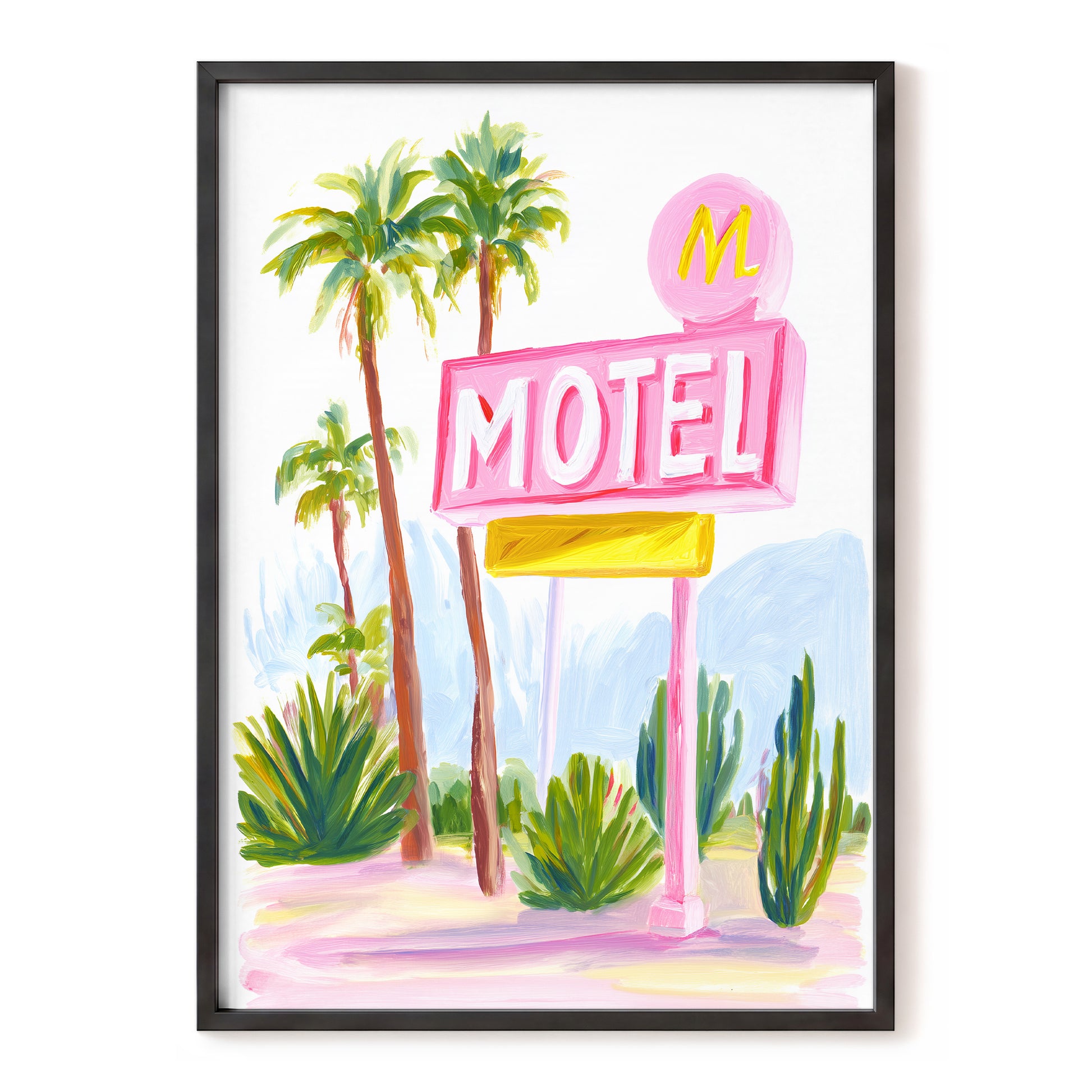 Pink Palm Motel, pink, green, white minimalist wall art, front artwork view