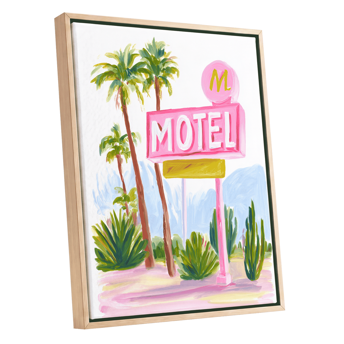 Pink Palm Motel, pink, green, white minimalist wall art shown as a oak framed canvas wall art
