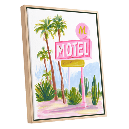 Pink Palm Motel, pink, green, white minimalist wall art shown as a oak framed canvas wall art