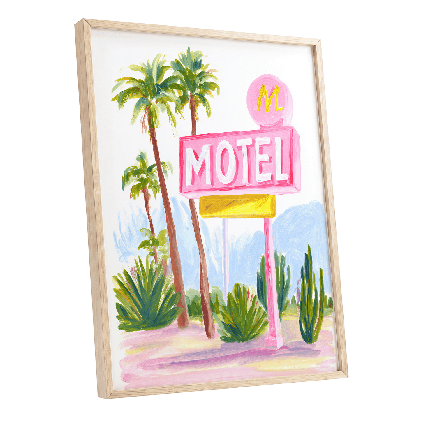 Pink Palm Motel, pink, green, white minimalist wall art shown as a oak framed poster wall art print