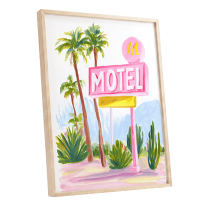 Pink Palm Motel, pink, green, white minimalist wall art shown as a oak framed poster wall art print