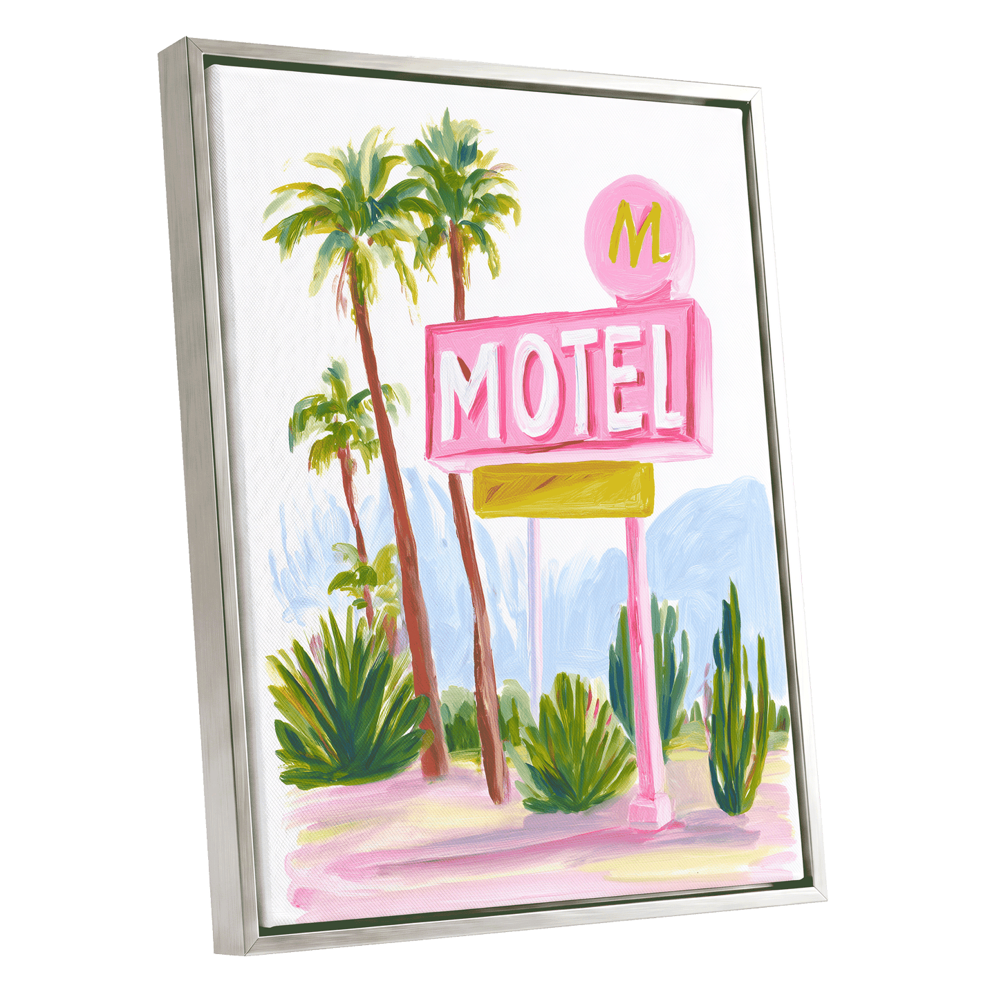 Pink Palm Motel, pink, green, white minimalist wall art shown as a silver framed canvas wall art
