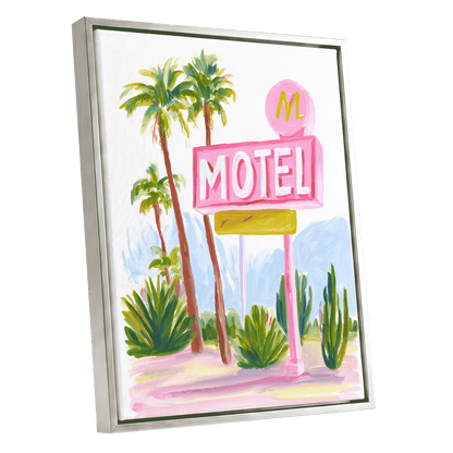 Pink Palm Motel, pink, green, white minimalist wall art shown as a silver framed canvas wall art
