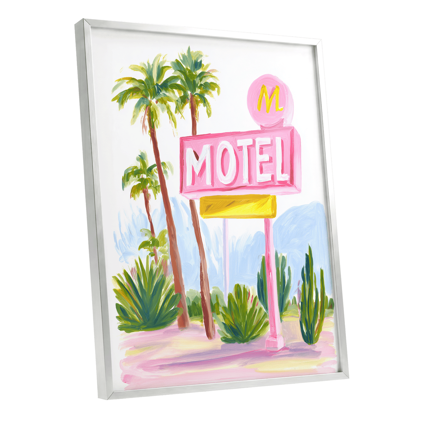 Pink Palm Motel, pink, green, white minimalist wall art shown as a silver framed poster wall art print