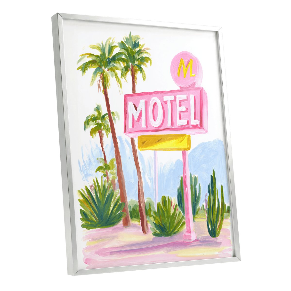 Pink Palm Motel, pink, green, white minimalist wall art shown as a silver framed poster wall art print