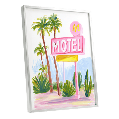 Pink Palm Motel, pink, green, white minimalist wall art shown as a silver framed poster wall art print