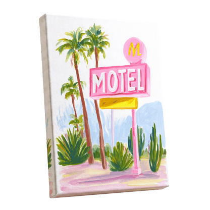 Pink Palm Motel, pink, green, white minimalist wall art shown as a stretched canvas wall art