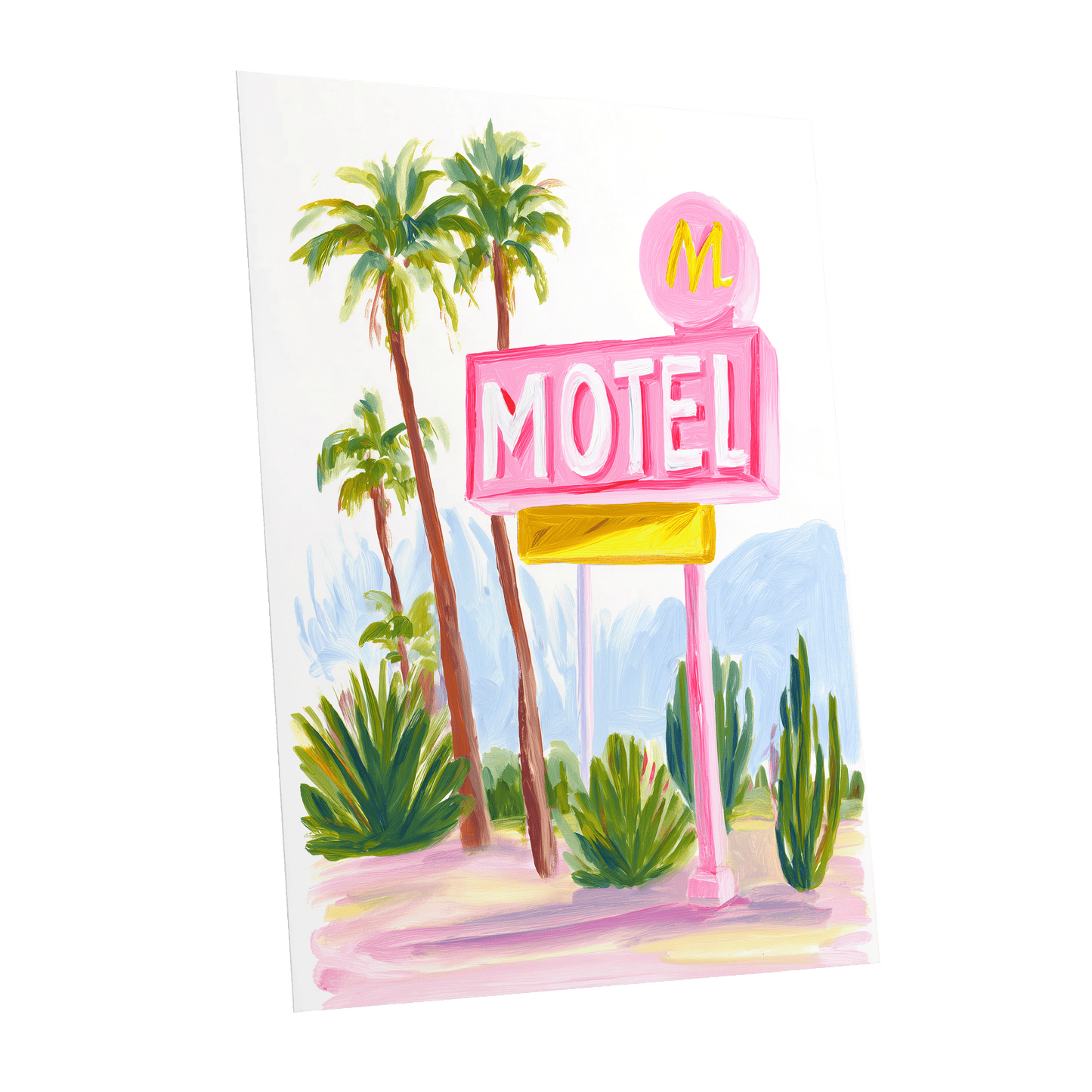 Pink Palm Motel, pink, green, white minimalist wall art shown as a unframed poster wall art print