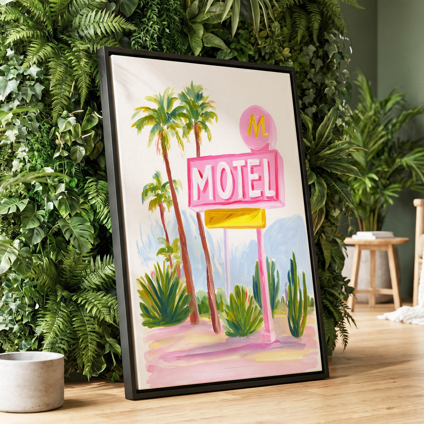 Pink Palm Motel, pink, green, white minimalist wall art displayed in a styled interior, gallery view 1