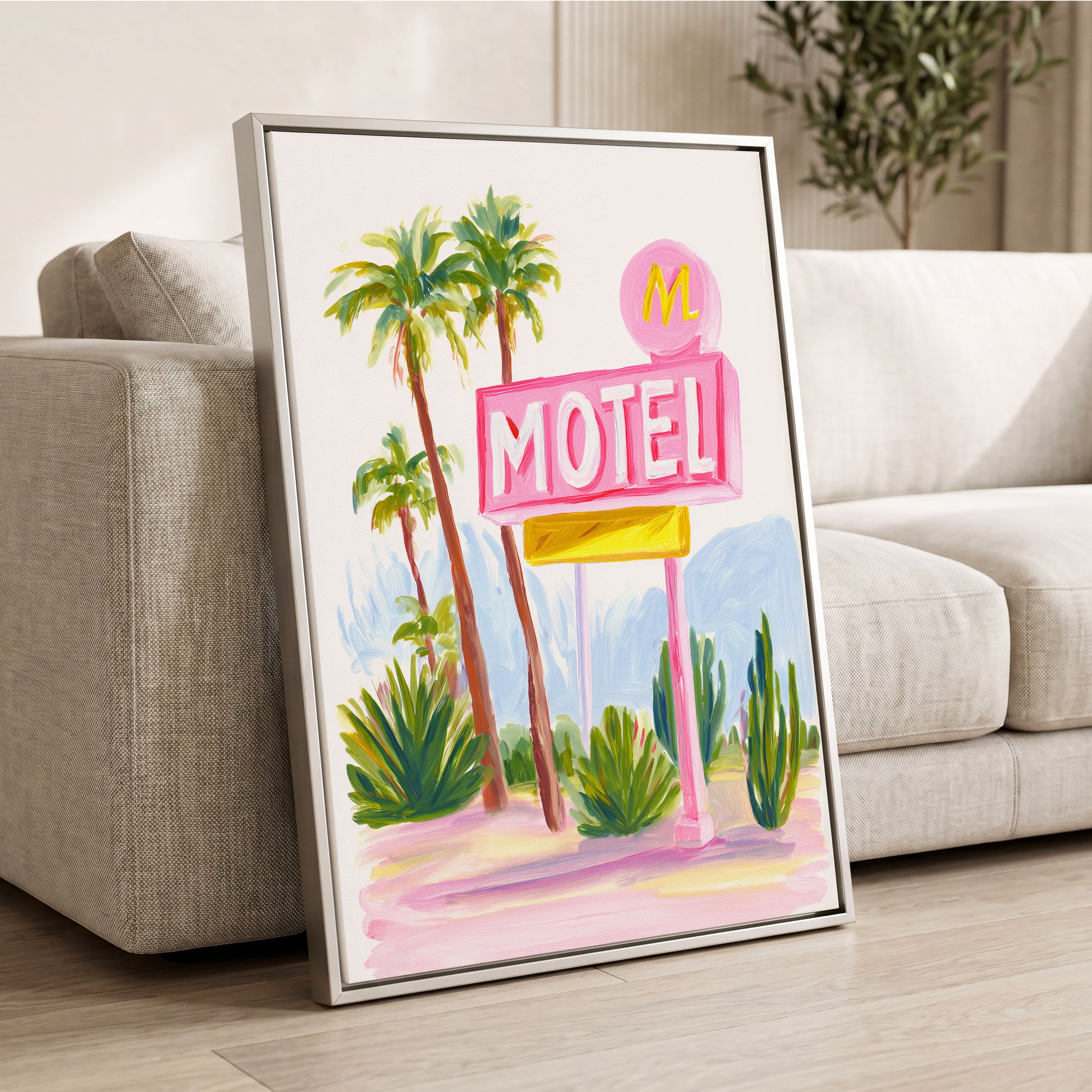 Pink Palm Motel, pink, green, white minimalist wall art displayed in a styled interior, gallery view 2