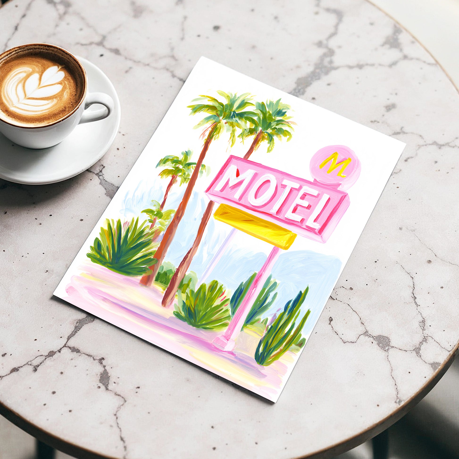 Pink Palm Motel, pink, green, white minimalist wall art displayed in a styled interior, gallery view 3
