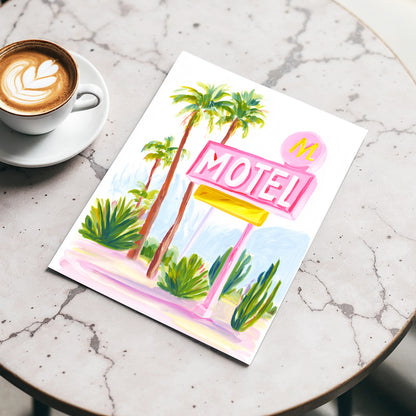 Pink Palm Motel, pink, green, white minimalist wall art displayed in a styled interior, gallery view 3