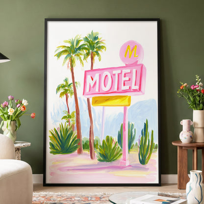 Pink Palm Motel, pink, green, white minimalist wall art displayed in a styled interior, gallery view 4