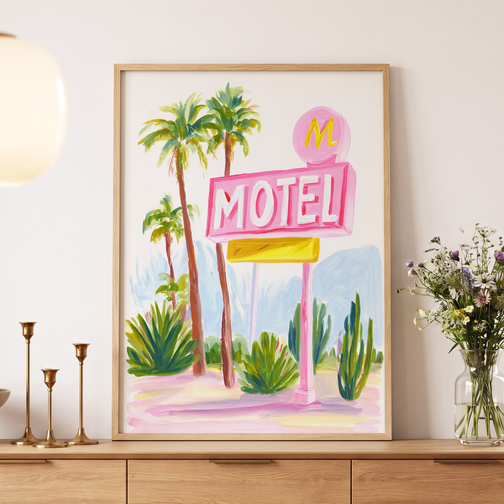 Pink Palm Motel, pink, green, white minimalist wall art displayed in a styled interior, gallery view 5