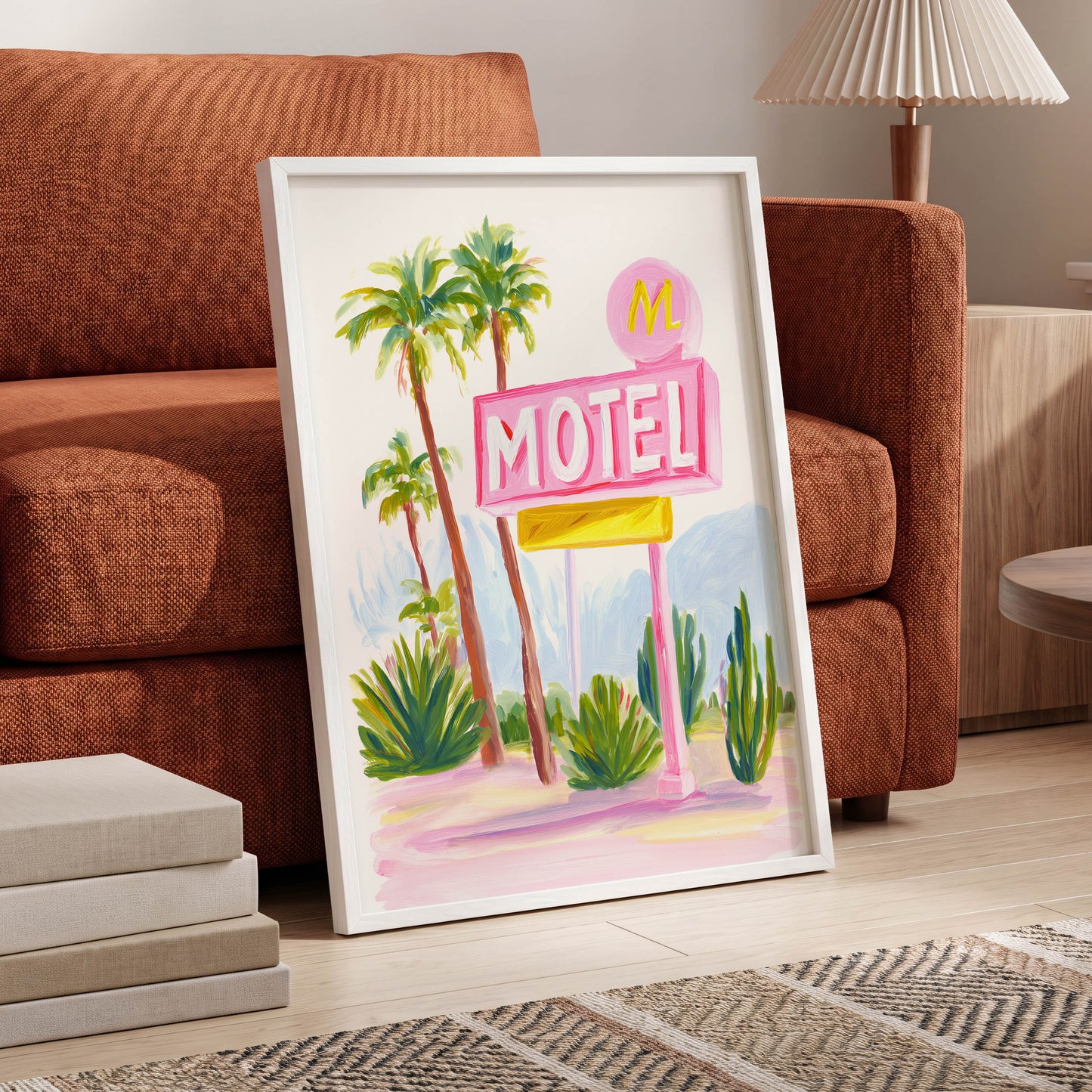 Pink Palm Motel, pink, green, white minimalist wall art displayed in a styled interior, gallery view 6