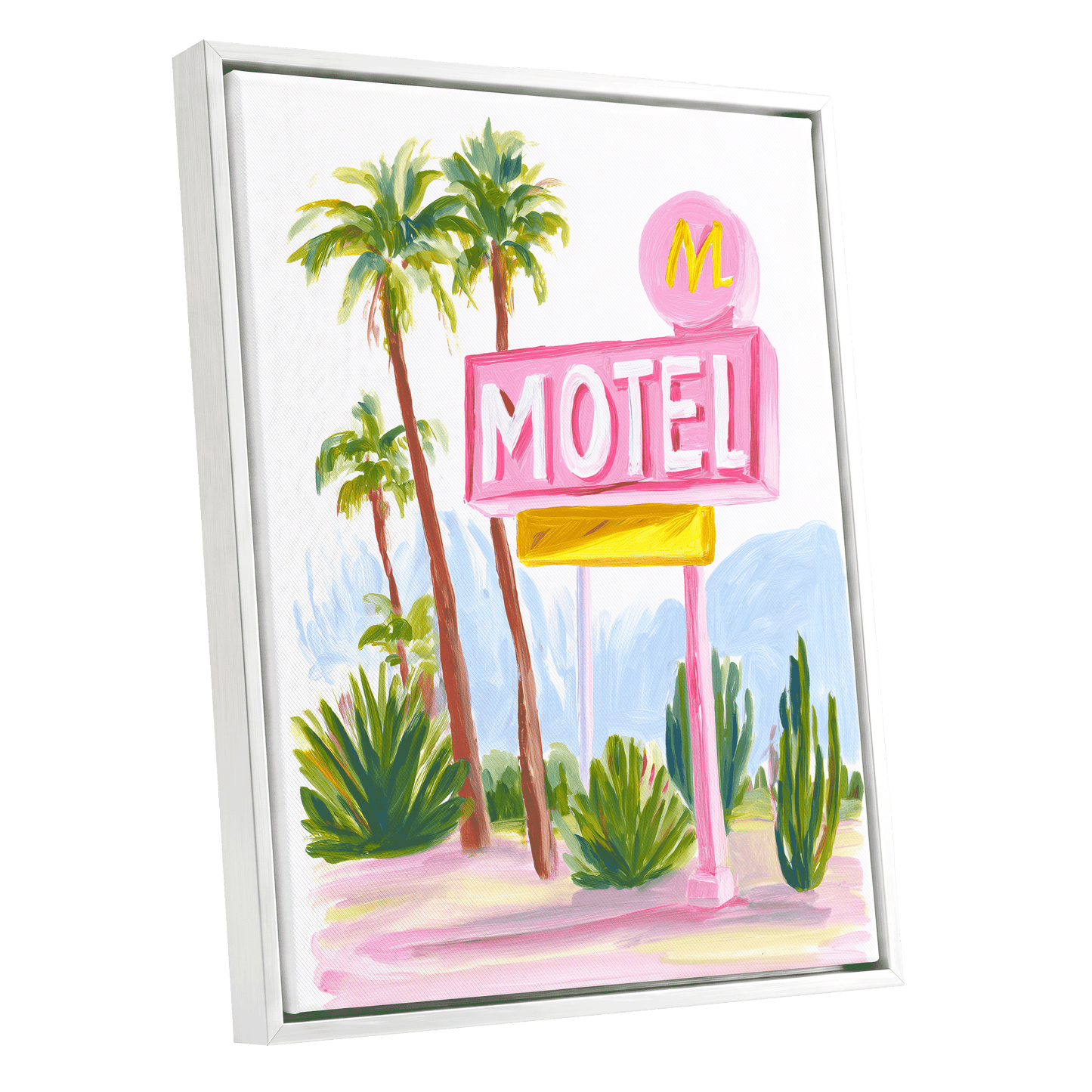 Pink Palm Motel, pink, green, white minimalist wall art shown as a white framed canvas wall art