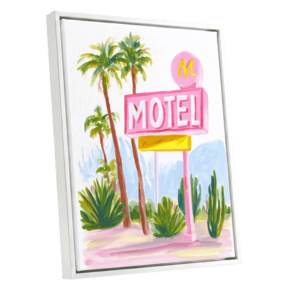 Pink Palm Motel, pink, green, white minimalist wall art shown as a white framed canvas wall art