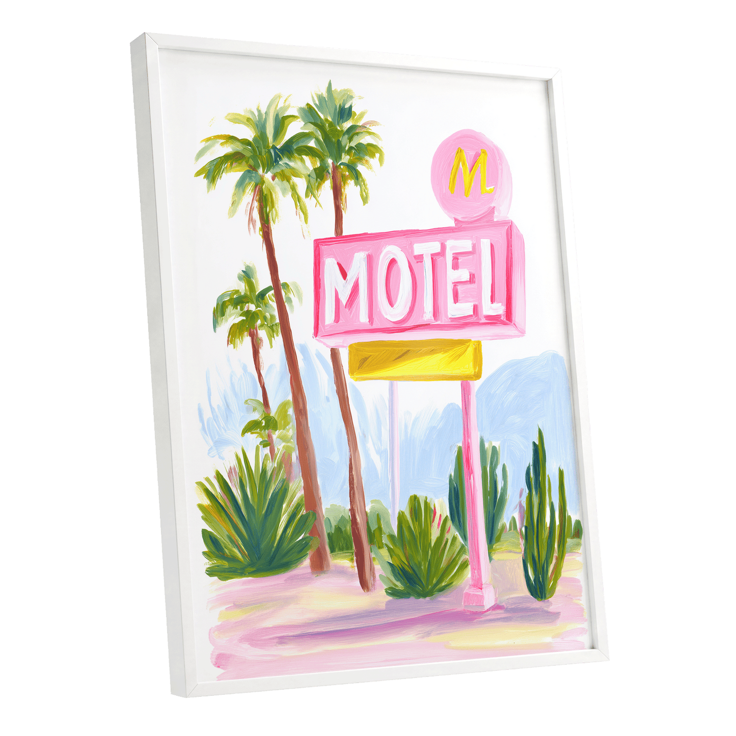 Pink Palm Motel, pink, green, white minimalist wall art shown as a white framed poster wall art print