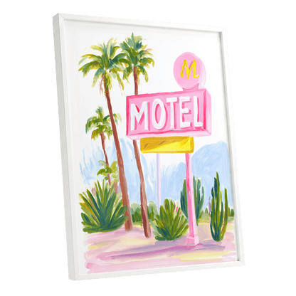 Pink Palm Motel, pink, green, white minimalist wall art shown as a white framed poster wall art print