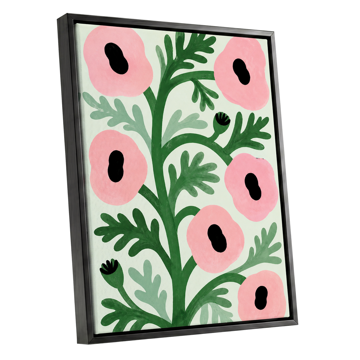 Pink Petal Rhythm, pink, green, black floral wall art shown as a black framed canvas wall art