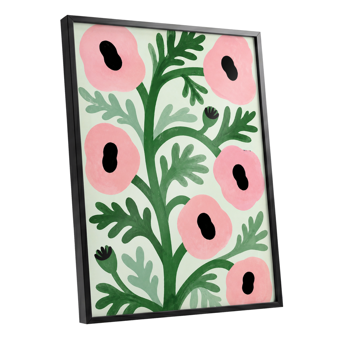 Pink Petal Rhythm, pink, green, black floral wall art shown as a black framed poster wall art print