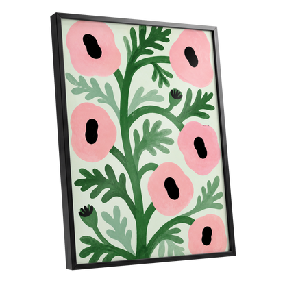 Pink Petal Rhythm, pink, green, black floral wall art shown as a black framed poster wall art print