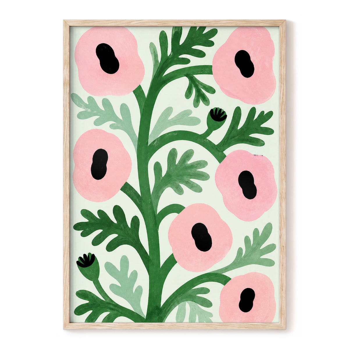 Pink Petal Rhythm, pink, green, black floral wall art, front artwork view