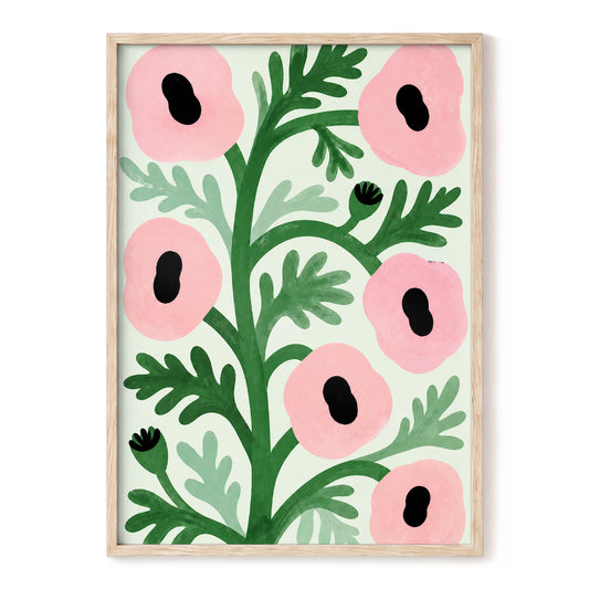Pink Petal Rhythm, pink, green, black floral wall art, front artwork view