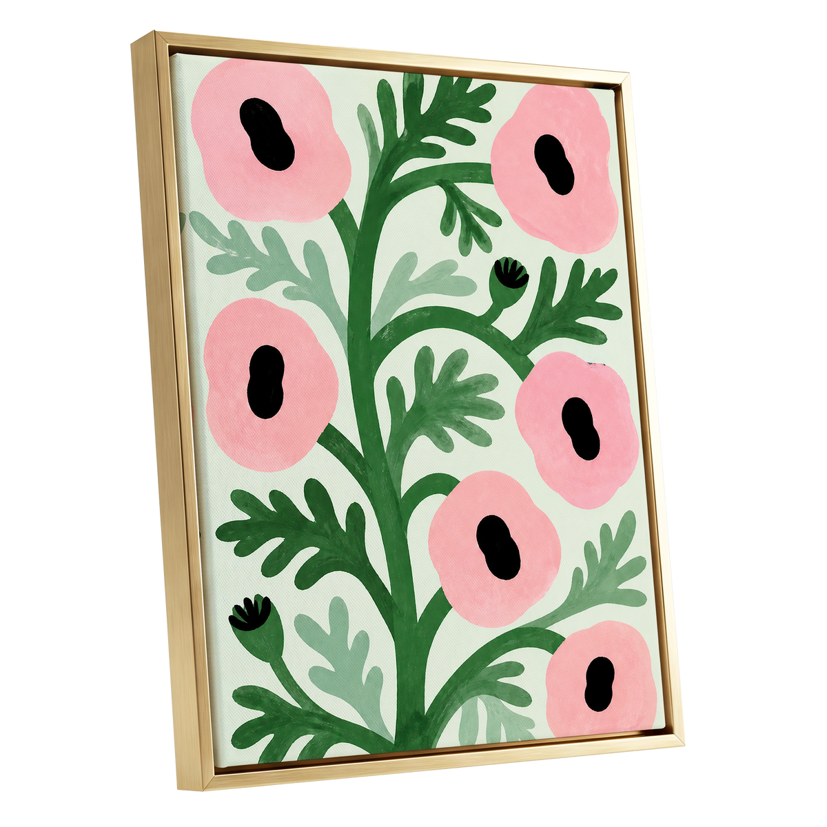 Pink Petal Rhythm, pink, green, black floral wall art shown as a gold framed canvas wall art
