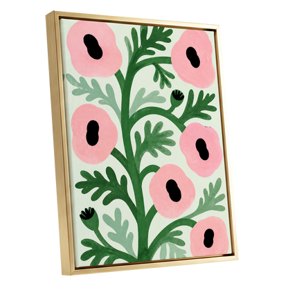 Pink Petal Rhythm, pink, green, black floral wall art shown as a gold framed canvas wall art