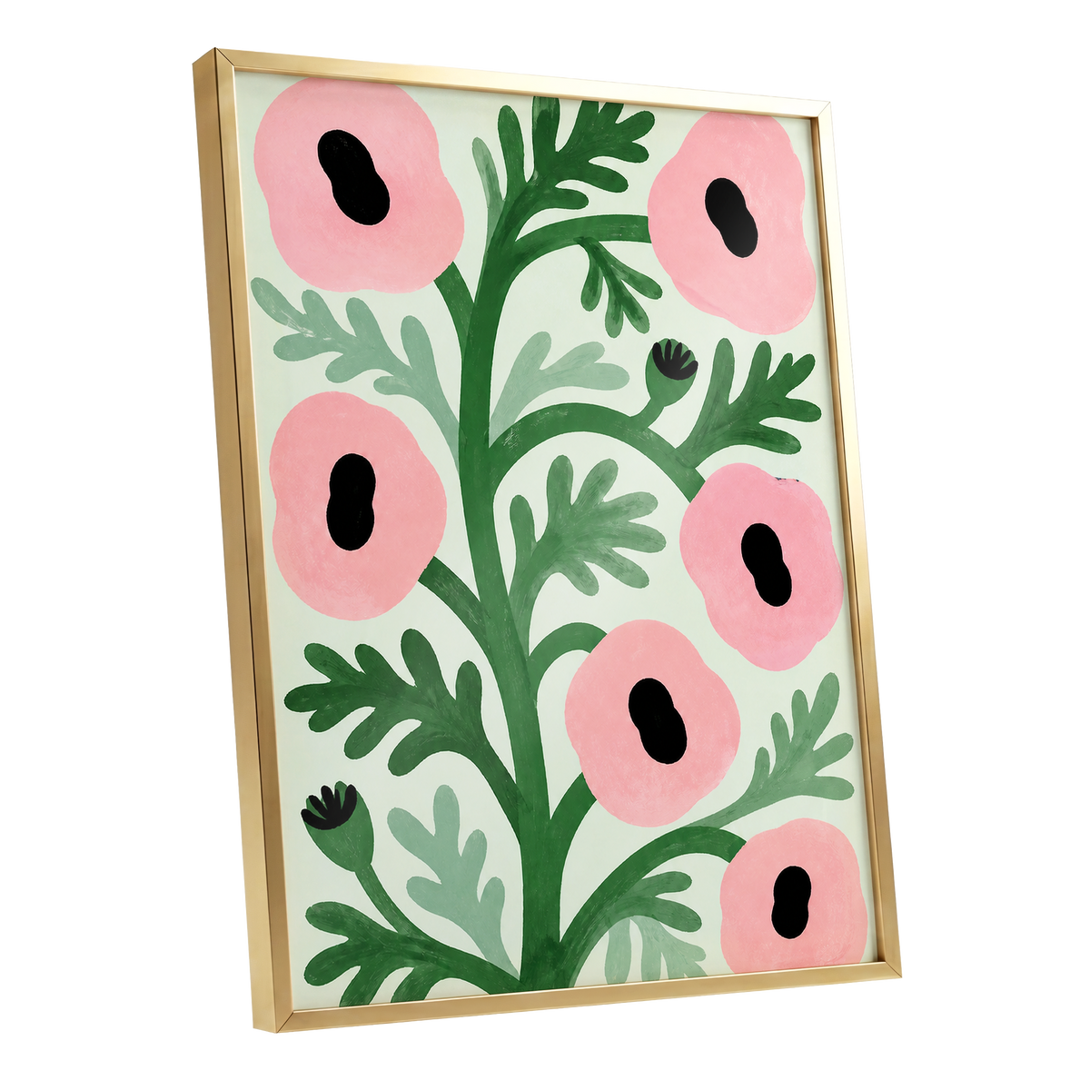 Pink Petal Rhythm, pink, green, black floral wall art shown as a gold framed poster wall art print