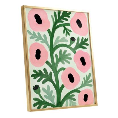 Pink Petal Rhythm, pink, green, black floral wall art shown as a gold framed poster wall art print