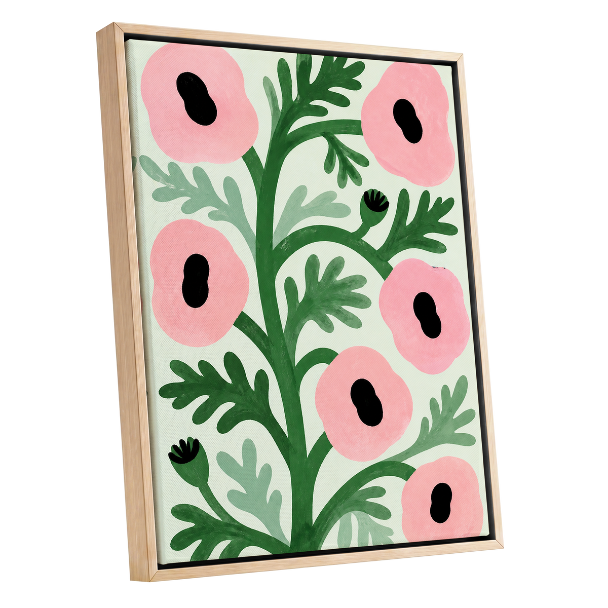 Pink Petal Rhythm, pink, green, black floral wall art shown as a oak framed canvas wall art