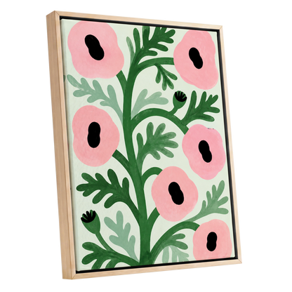 Pink Petal Rhythm, pink, green, black floral wall art shown as a oak framed canvas wall art