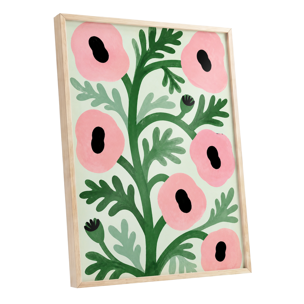 Pink Petal Rhythm, pink, green, black floral wall art shown as a oak framed poster wall art print
