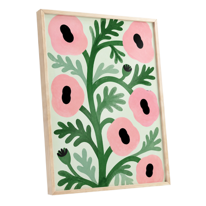 Pink Petal Rhythm, pink, green, black floral wall art shown as a oak framed poster wall art print