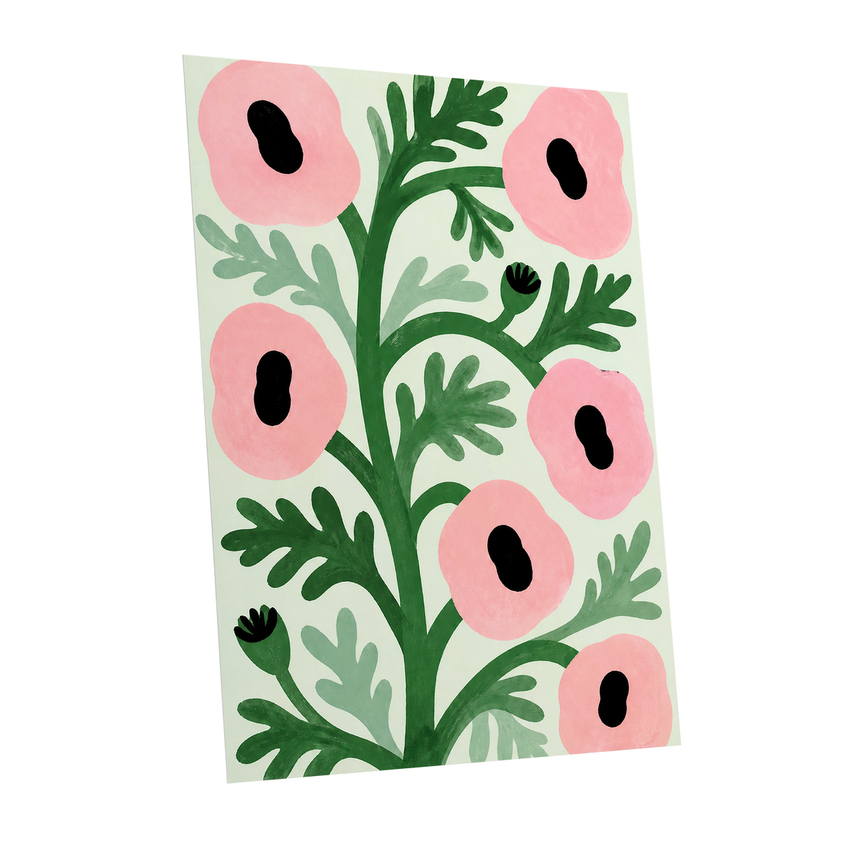 Pink Petal Rhythm, pink, green, black floral wall art shown as a unframed poster wall art print