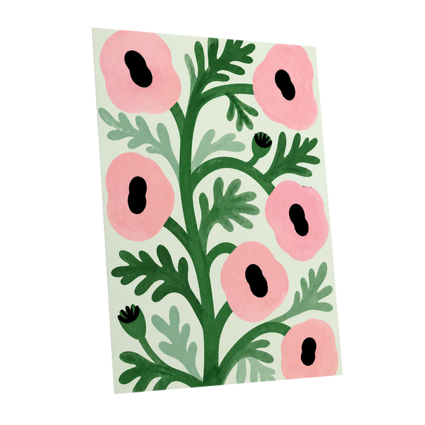 Pink Petal Rhythm, pink, green, black floral wall art shown as a unframed poster wall art print