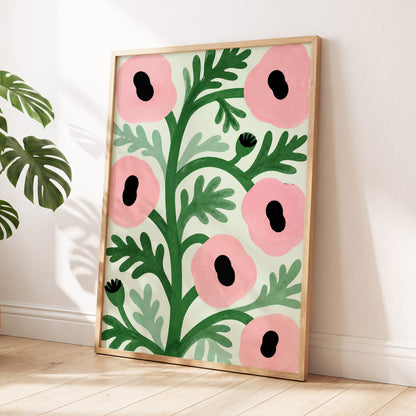 Pink Petal Rhythm, pink, green, black floral wall art displayed in a styled interior, gallery view 2